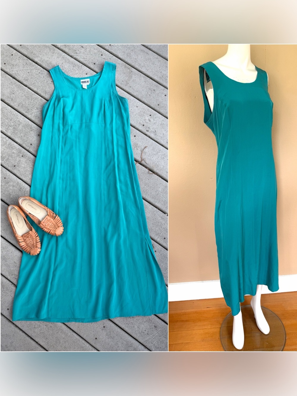 Vintage 90’s Sleeveless Teal Maxi | Y2K Silky Slip Dress w Back Tie